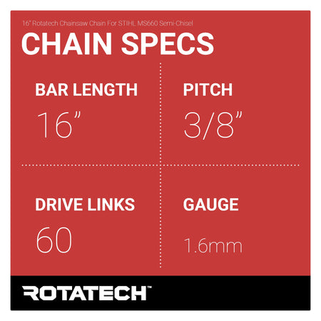 16" Rotatech Chainsaw Chain For STIHL MS660 Semi-Chisel Chain Specs