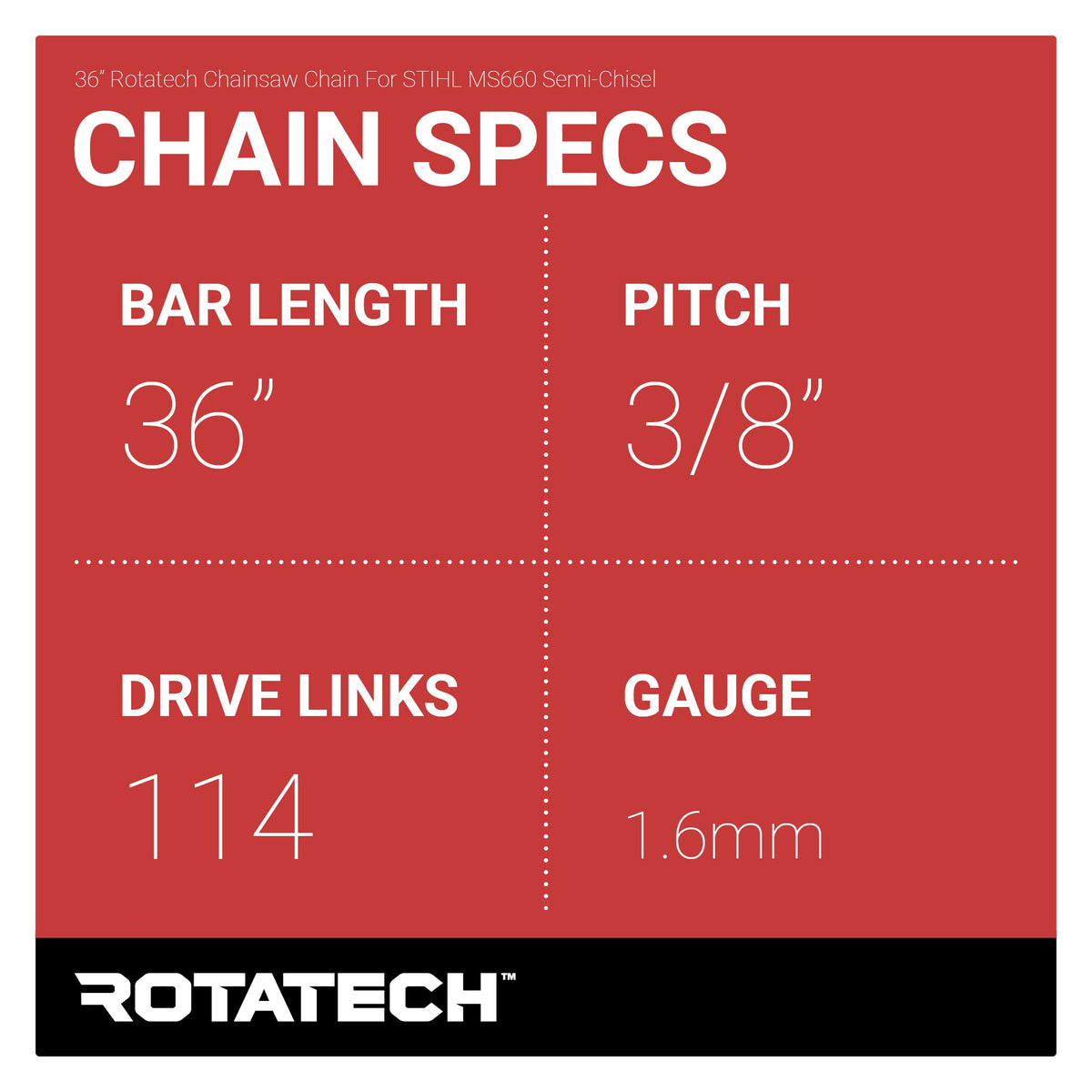 36" Rotatech Chainsaw Chain For STIHL MS660 Semi-Chisel Chain Specs